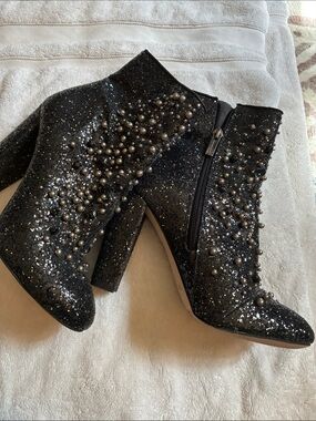 Jessica Simpson Black Glitter Pearl-Studded Ankle Boots Mafia Wife 7